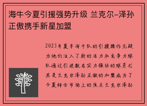 海牛今夏引援强势升级 兰克尔-泽孙正傲携手新星加盟