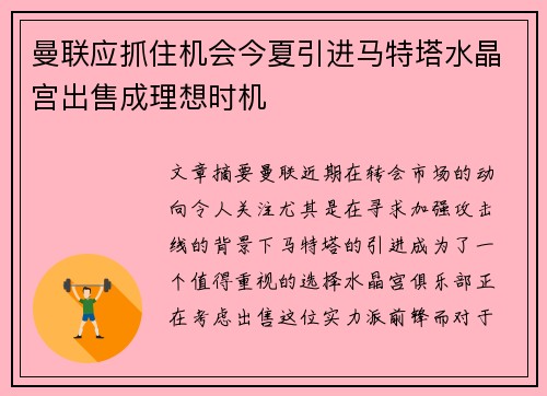 曼联应抓住机会今夏引进马特塔水晶宫出售成理想时机
