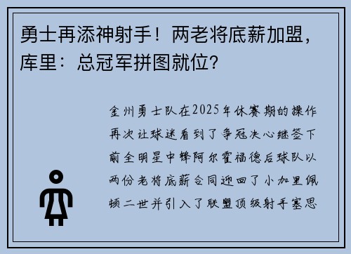 勇士再添神射手！两老将底薪加盟，库里：总冠军拼图就位？