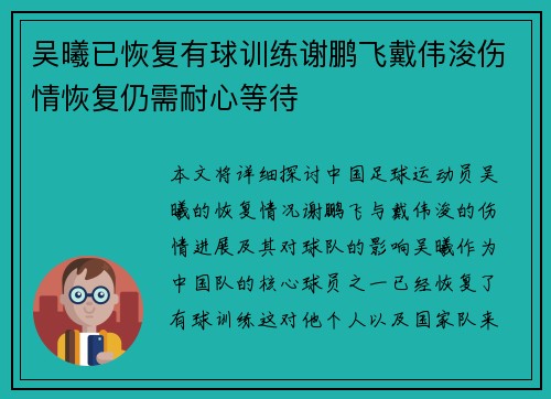 吴曦已恢复有球训练谢鹏飞戴伟浚伤情恢复仍需耐心等待