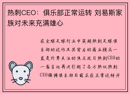 热刺CEO：俱乐部正常运转 刘易斯家族对未来充满雄心