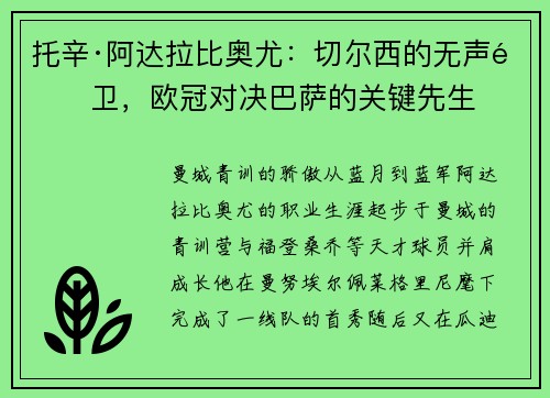 托辛·阿达拉比奥尤：切尔西的无声铁卫，欧冠对决巴萨的关键先生